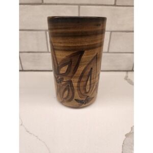 Art Pottery Vase Crock Utensil Holder Brown Glaze Leaves Signed By Artist 7 Inch